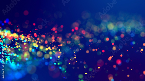 Fototapeta Naklejka Na Ścianę i Meble -  cloud of multicolored particles fly in air slowly or float in liquid like sparkles on dark blue background. Beautiful bokeh light effects with glowing particles. 73