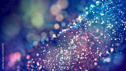 cloud of multicolored particles fly in air slowly or float in liquid like sparkles on dark blue background. Beautiful bokeh light effects with glowing particles. 89 © Green Wind
