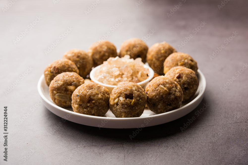 sweet Dink laddu also known as Dinkache ladoo or gond ke laddoo made using edible gum with dry fruits sweet Dink laddu also known as Dinkache ladoo or gond ke laddoo made using edible gum with dry fruits