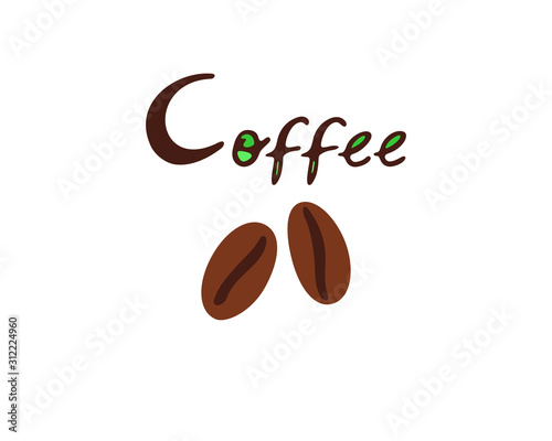 Hand lettering of the word coffee with coffee beans drawing, vector illustration