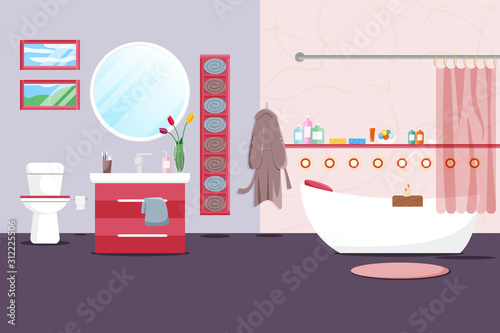 Vector Illustration of Modern Bathroom Interior in Flat Style. Residential Rooms Design with Furniture and Hygiene Accessories. Design Template of Indoor Scene. Fashionable Elegant Bathroom in Hotel