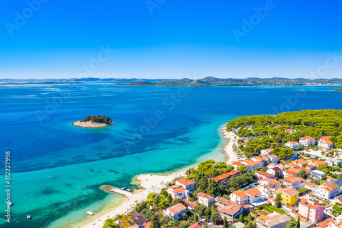 Small Adriatic town of Pakostane, aerial view, Dalmatia, Croatia, seascape view from drone