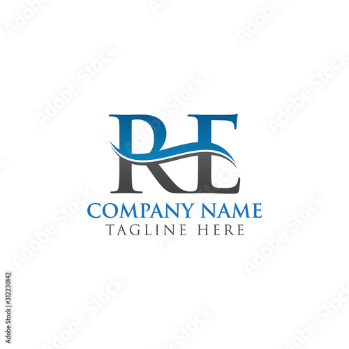 Swoosh Letter RE Logo Design Vector Template. Water Wave RE Logo Vector.