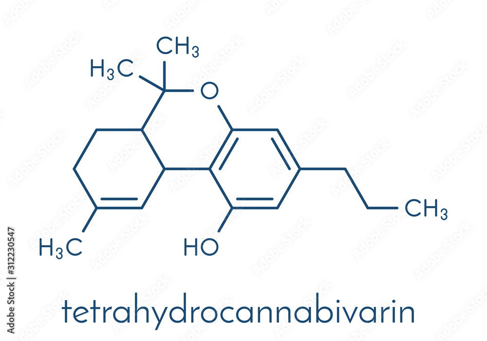 Tetrahydrocannabivarin or THCV cannabinoid molecule. Skeletal formula. Tetrahydrocannabivarin or THCV cannabinoid molecule. Skeletal formula.