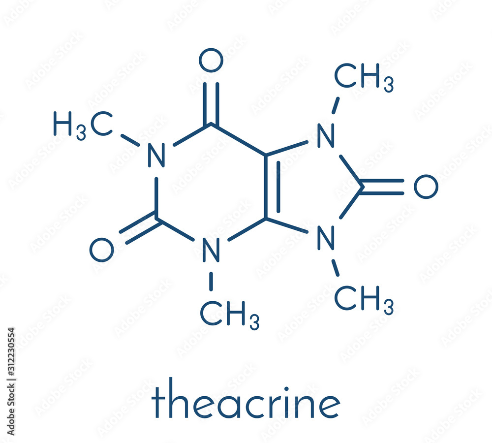 Theacrine molecule. Caffeine analog present in kucha tea. Skeletal formula.