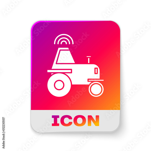 White Self driving wireless tractor on a smart farm icon isolated on white background. Smart agriculture implement element. Rectangle color button. Vector Illustration