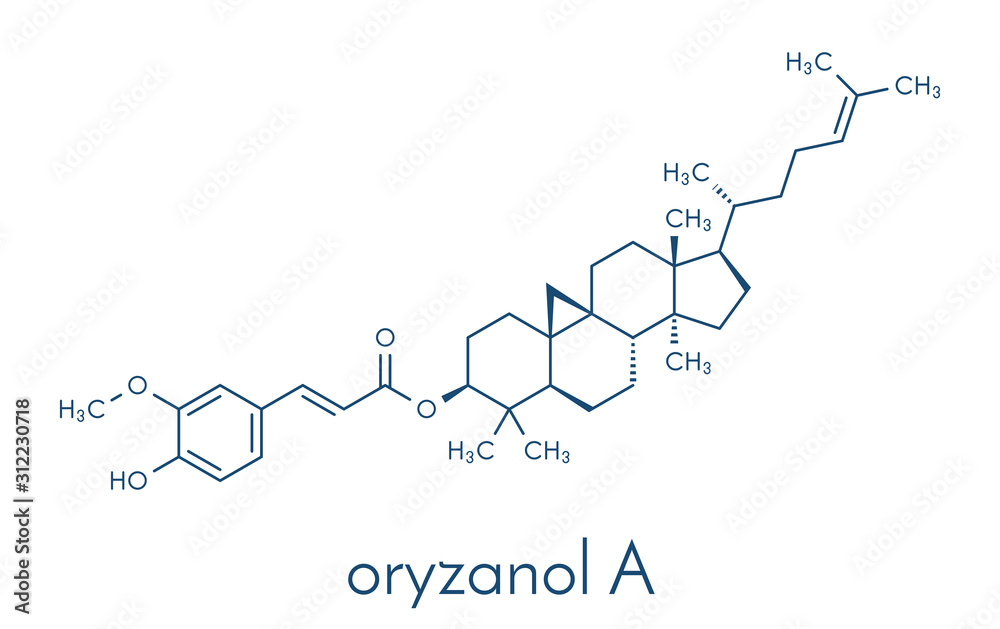 Cycloartenyl ferulate or oryzanol A molecule. Major component of gamma-oryzanol (rice bran oil). Skeletal formula. Cycloartenyl ferulate or oryzanol A molecule. Major component of gamma-oryzanol (rice bran oil). Skeletal formula.
