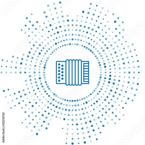 Blue line Musical instrument accordion icon isolated on white background. Classical bayan, harmonic. Abstract circle random dots. Vector Illustration