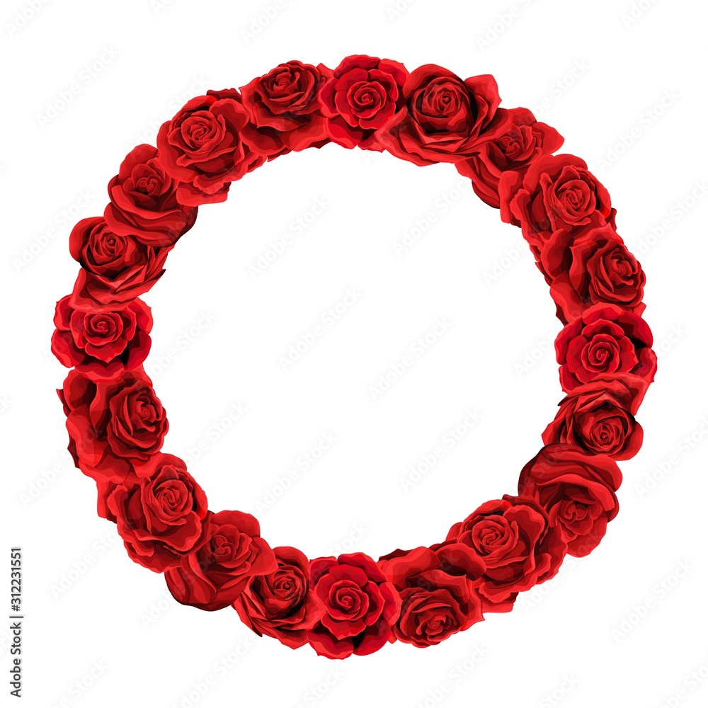 Red rose frame in the shape of circle, hand draw vector illustration