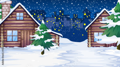 Scene with houses in the snow