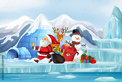Christmas scene with Santa and snowman