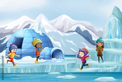 Scene with kids and igloo