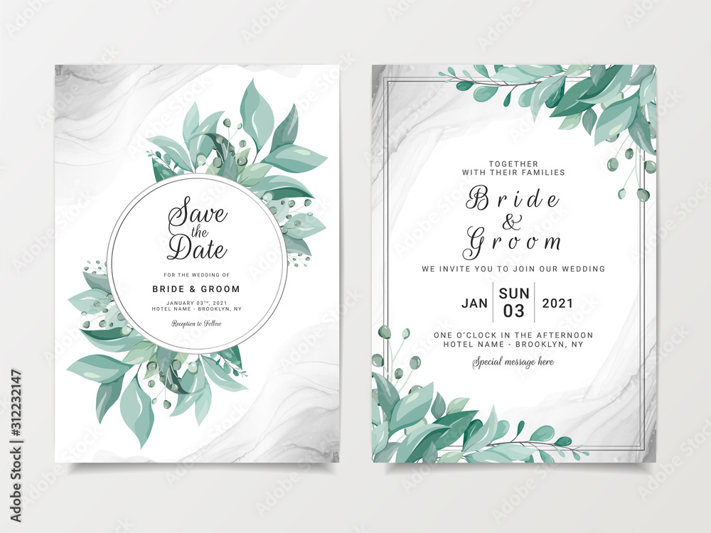 Elegant wedding invitation card template set with floral frame and silver  fluid background. Wild leaves botanic illustration for save the date,  greeting, poster, cover vector vector de Stock | Adobe Stock