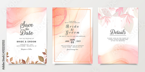 Wedding invitation card template set with floral decoration and gold fluid background. Wild flowers botanic illustration for save the date, greeting, poster, cover vector