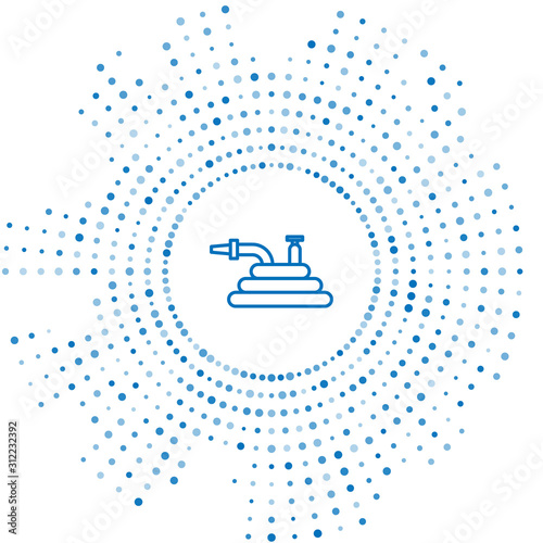 Blue line Garden hose or fire hose icon isolated on white background. Spray gun icon. Watering equipment. Abstract circle random dots. Vector Illustration