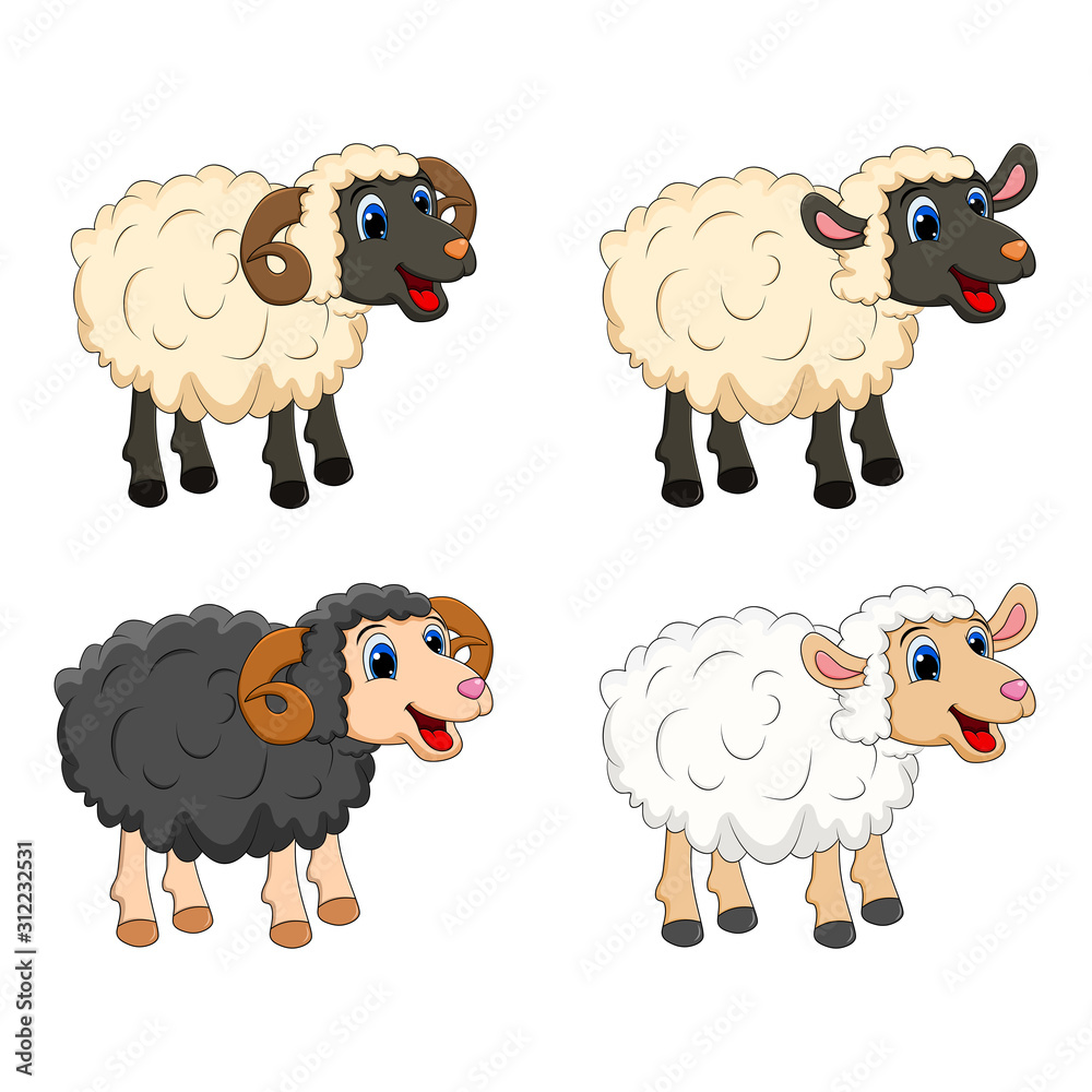 Farm animal group. white Sheep, lamb, black ram design isolated on white  background. Cute cartoon animals collection Vector illustration Stock  Vector | Adobe Stock