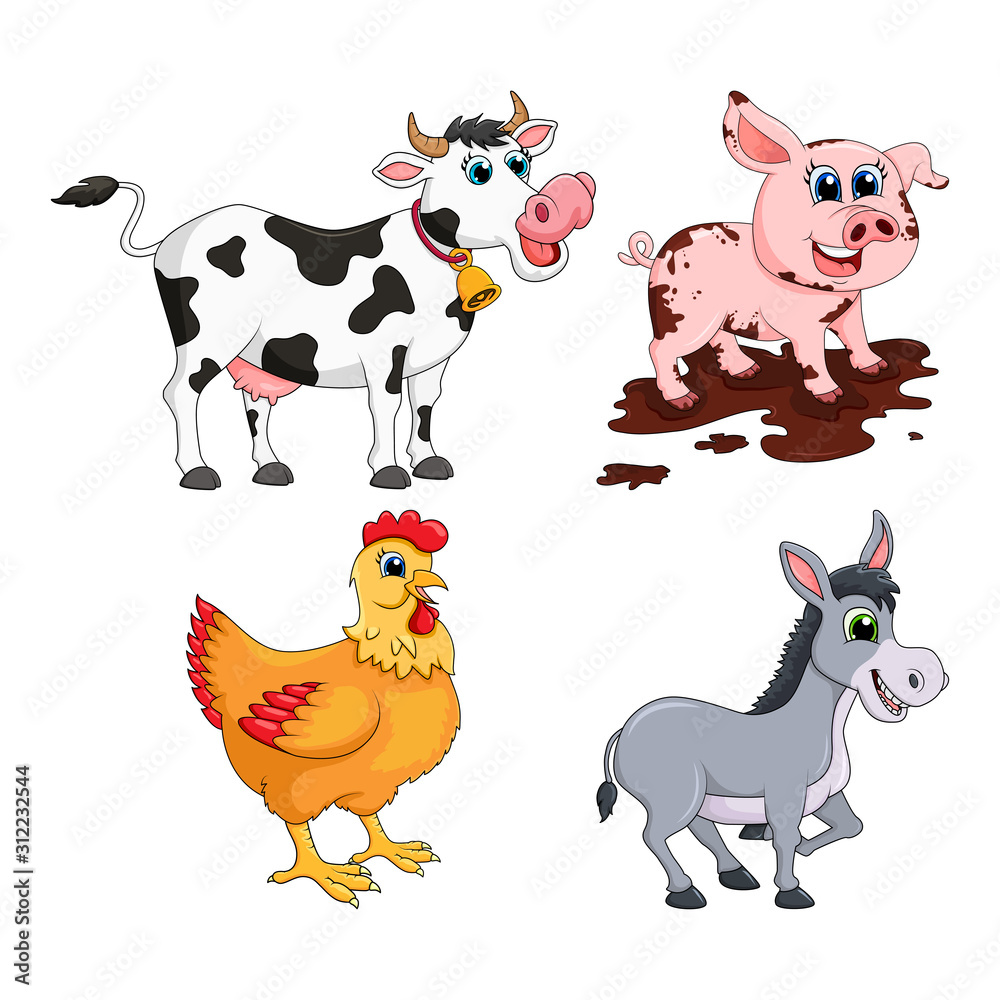 Farm animal set. Cow, pig,  donkey, hen  design isolated on white background. Cute cartoon animals collection Vector illustration cartoon animals collection Vector illustration