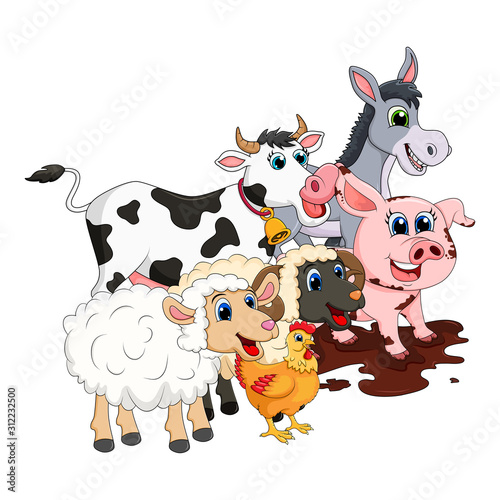 Fototapeta Naklejka Na Ścianę i Meble -  Farm animal group. Cow, pig, ram, donkey,sheep,hen  design isolated on white background. Cute cartoon animals collection Vector illustration