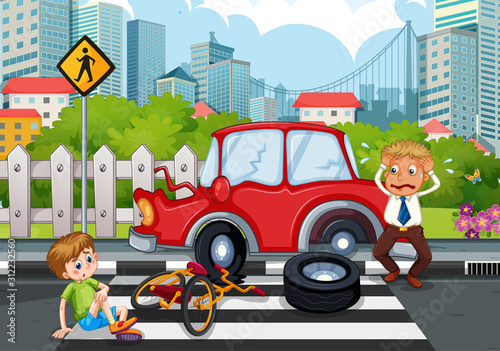Accident scene with car crash in the city