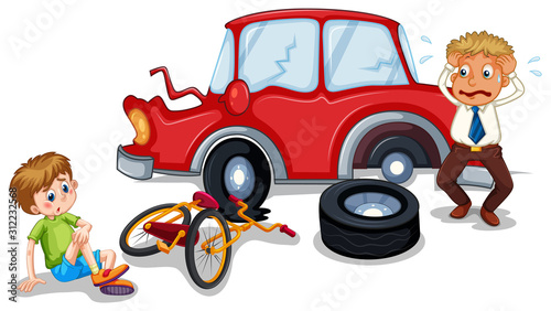 Accident scene with car crash and injured boy