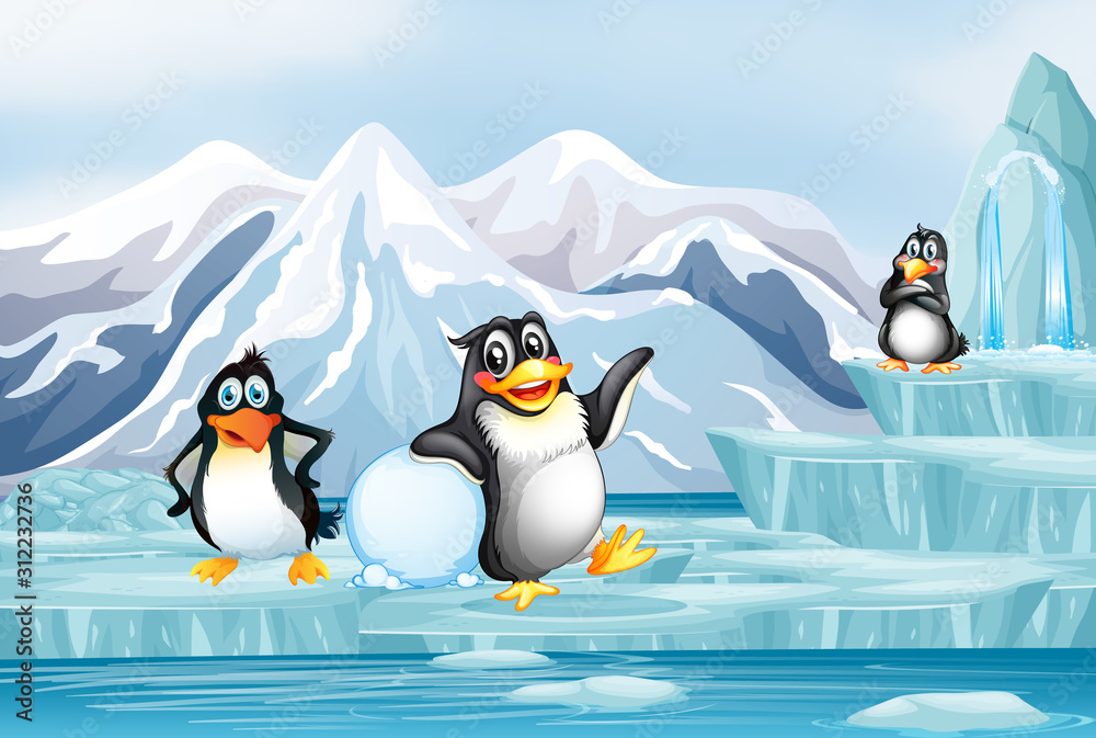 Obraz premium Scene with three penguins on ice