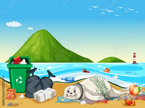 Seal with plastic bags on the beach