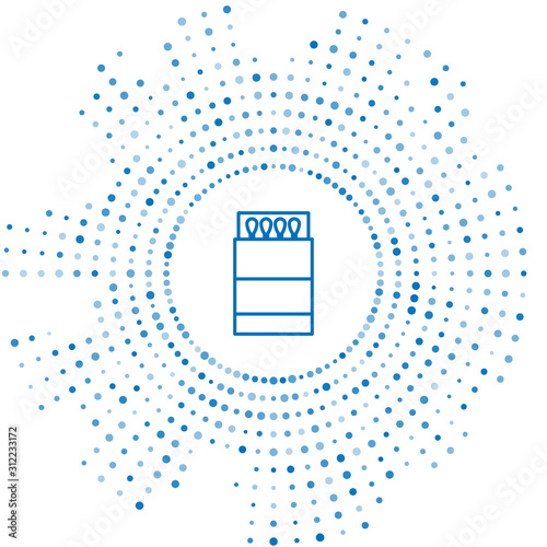 Blue line Open matchbox and matches icon isolated on white background. Abstract circle random dots. Vector Illustration
