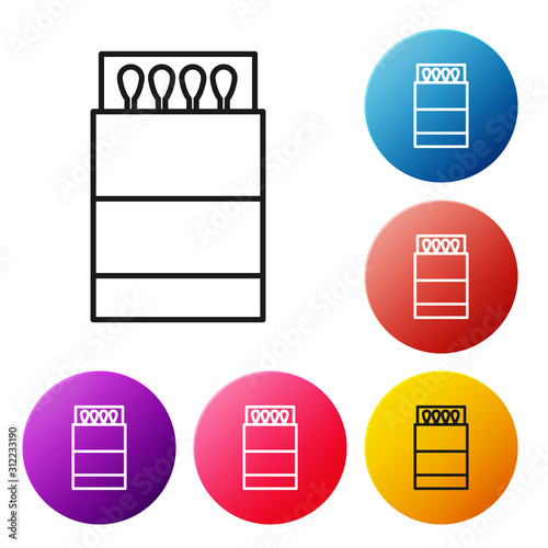 Black line Open matchbox and matches icon isolated on white background. Set icons colorful circle buttons. Vector Illustration