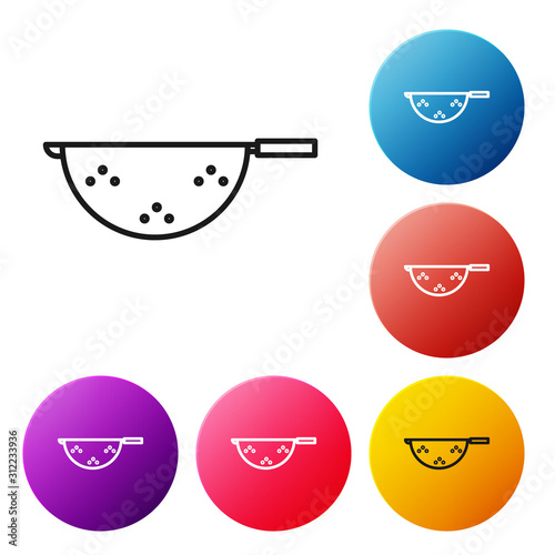 Black line Kitchen colander icon isolated on white background. Cooking utensil. Cutlery sign. Set icons colorful circle buttons. Vector Illustration