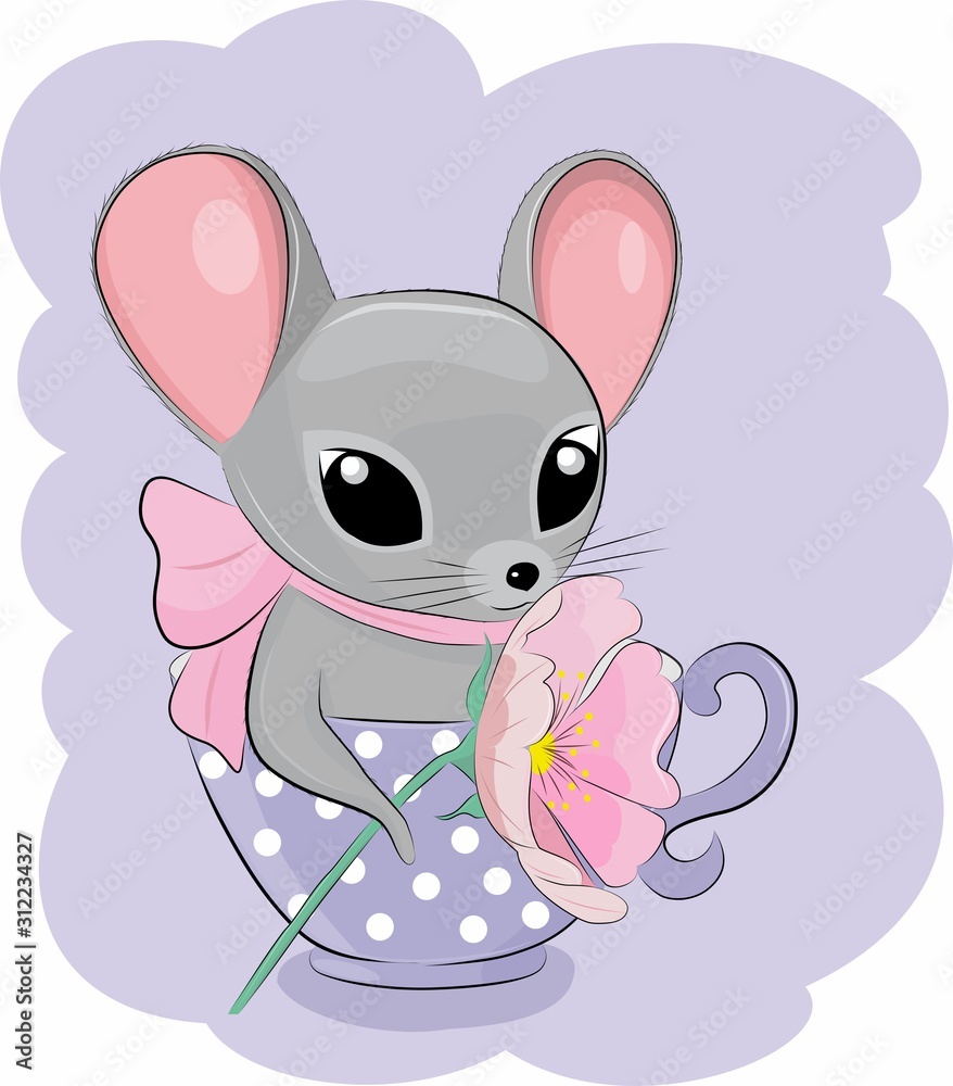 Cute cartoon mouse with a flower in a cup. Vector illustration Cute cartoon mouse with a flower in a cup. Vector illustration