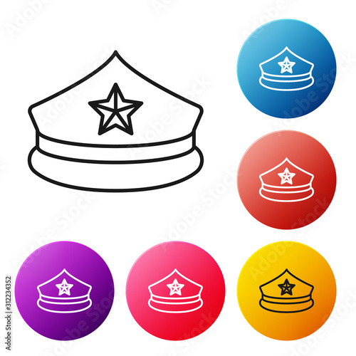 Black line Police cap with cockade icon isolated on white background. Police hat sign. Set icons colorful circle buttons. Vector Illustration