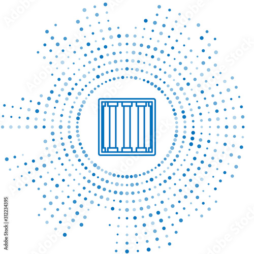 Blue line Prison window icon isolated on white background. Abstract circle random dots. Vector Illustration