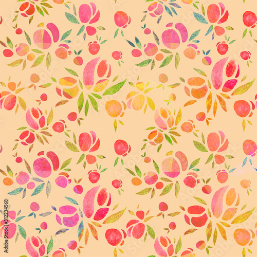 Seamless pattern of simple roses. Watercolor illustration  handmade.