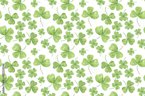 repeat pattern of hand drawn watercolor green shamrock leaves
