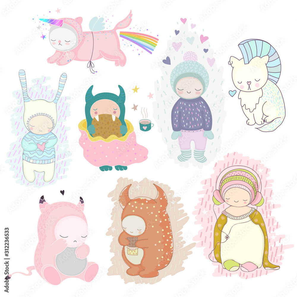 Cute cartoon characters set, cats, monsters, kids collection, isolated vector illustration for prints, stickers, t-shirts. Cute cartoon characters set, cats, monsters, kids collection, isolated vector illustration for prints, stickers, t-shirts.