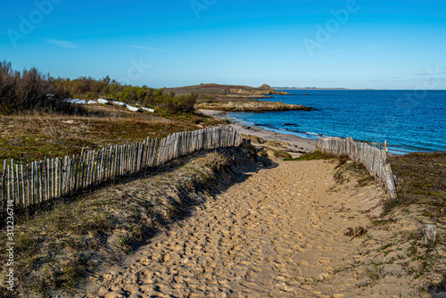 The walk pass to the beach in northwestern coastline of Hoedic island, aw viewed towards the Cape of Vieux Chateaux. Brittany, France...