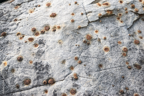 USA, Nevada, Clark County, Red Rock Canyon National Conservation Area. Iron Concretions in white sandstone form round spheres. Aka Moqui marbles or Shaman stones. photo