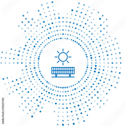 Blue line Solar energy panel and sun icon isolated on white background. Abstract circle random dots. Vector Illustration