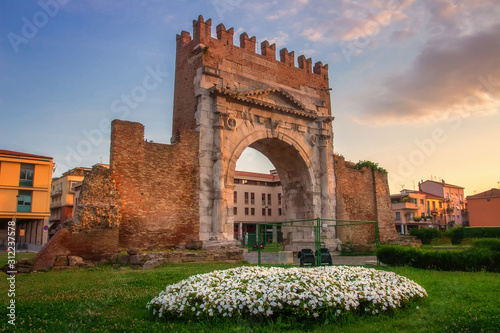 Rimini, Italy. Arch of Augustus, ancient roman gate of city photo