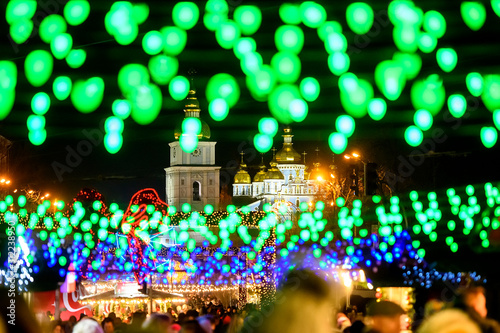 Festive Christmas illuminations and Saint Michael Golden Domed Cathedral in Kyiv, Ukraine. December 2019