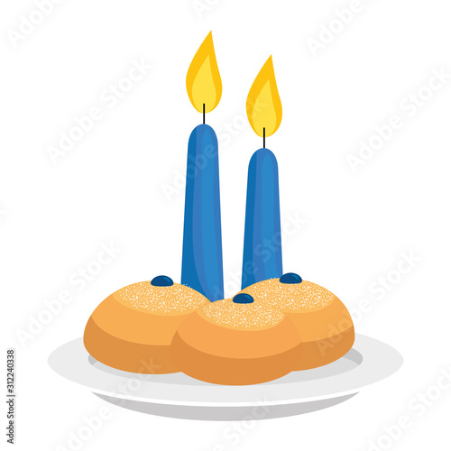 set of delicious round breads with candles vector illustration design