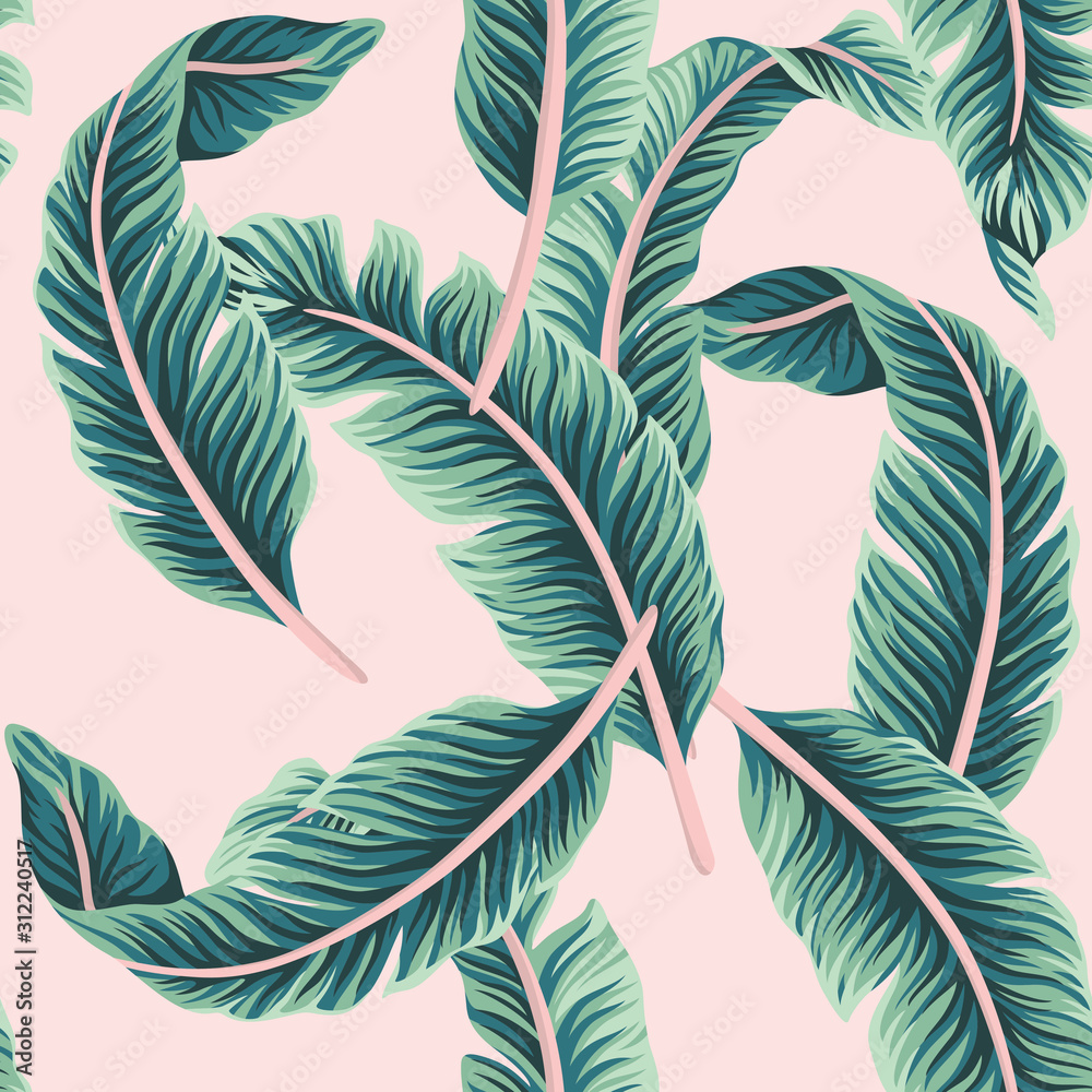 Fototapeta Tropical vector banana leaves floral seamless pattern pink background. Exotic jungle wallpaper.
