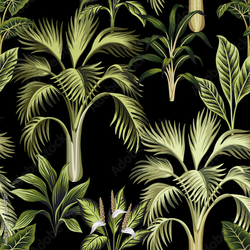  Tropical vintage palm trees and plants floral seamless pattern black background. Exotic jungle wallpaper.
