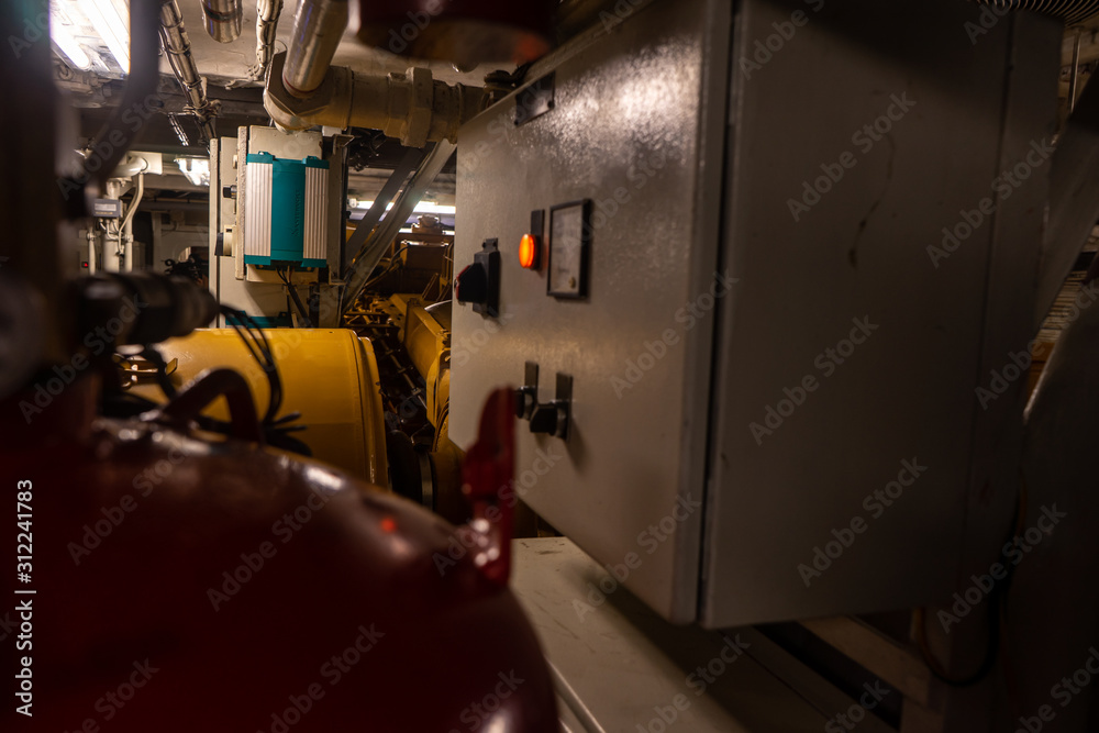 Fototapeta premium Inside of a Mechanical room of a big ship. 