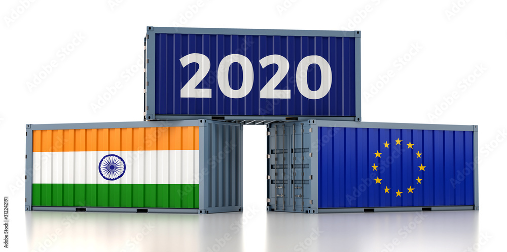 Year 2020 - Freight container with European Union and India flag. 3D Rendering