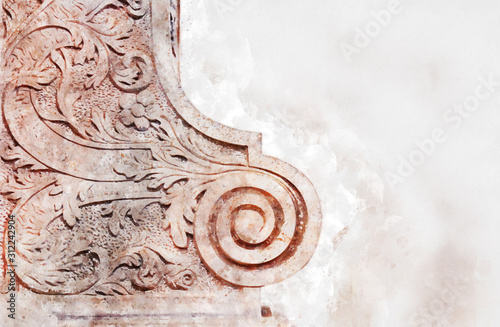 watercolor style illustration of architectural element over stone © tomertu