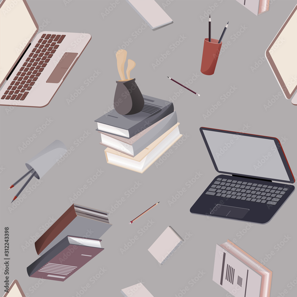 Laptiops, books, notebooks, pencils on blue background seamless vector illustration. School or work desk in isometrics. Endless pattern. EPS10 Laptiops, books, notebooks, pencils on blue background seamless vector illustration. School or work desk in isometrics. Endless pattern. EPS10