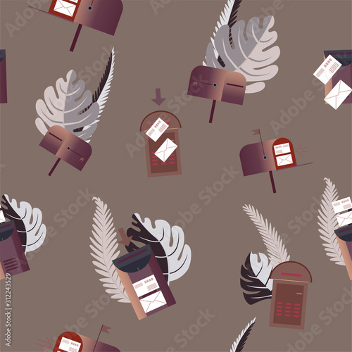 Set email concept. Empty and with envelopes mailboxes surrounded by palm leaves on brown background. Seamless vector illustration.