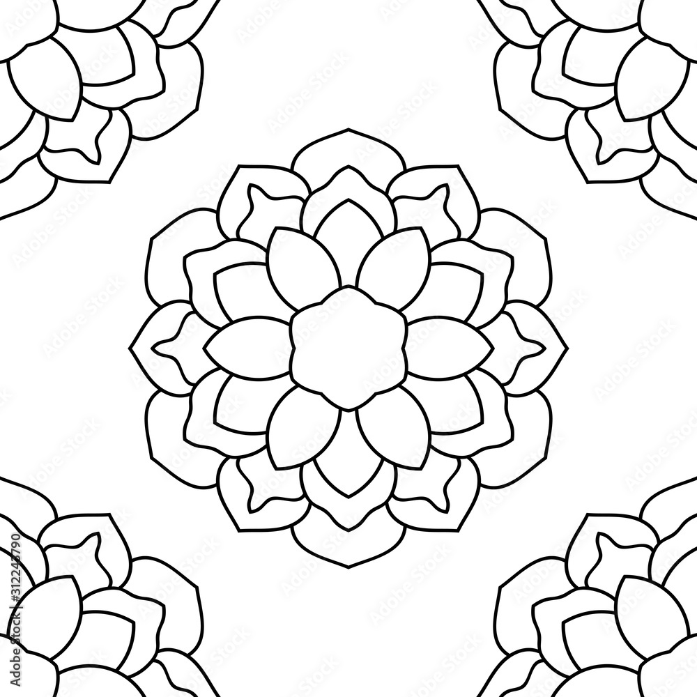 Fantasy seamless pattern with ornamental mandala. Abstract round doodle flower background. Floral geometric circle. Vector illustration. Fantasy seamless pattern with ornamental mandala. Abstract round doodle flower background. Floral geometric circle. Vector illustration.
