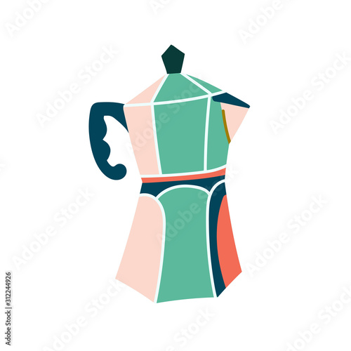Utensil for brewing coffee, vector art, isolated colorful illustration of top stove moka pot. Trendy flat naive style, good as icon, logo for coffee shop.